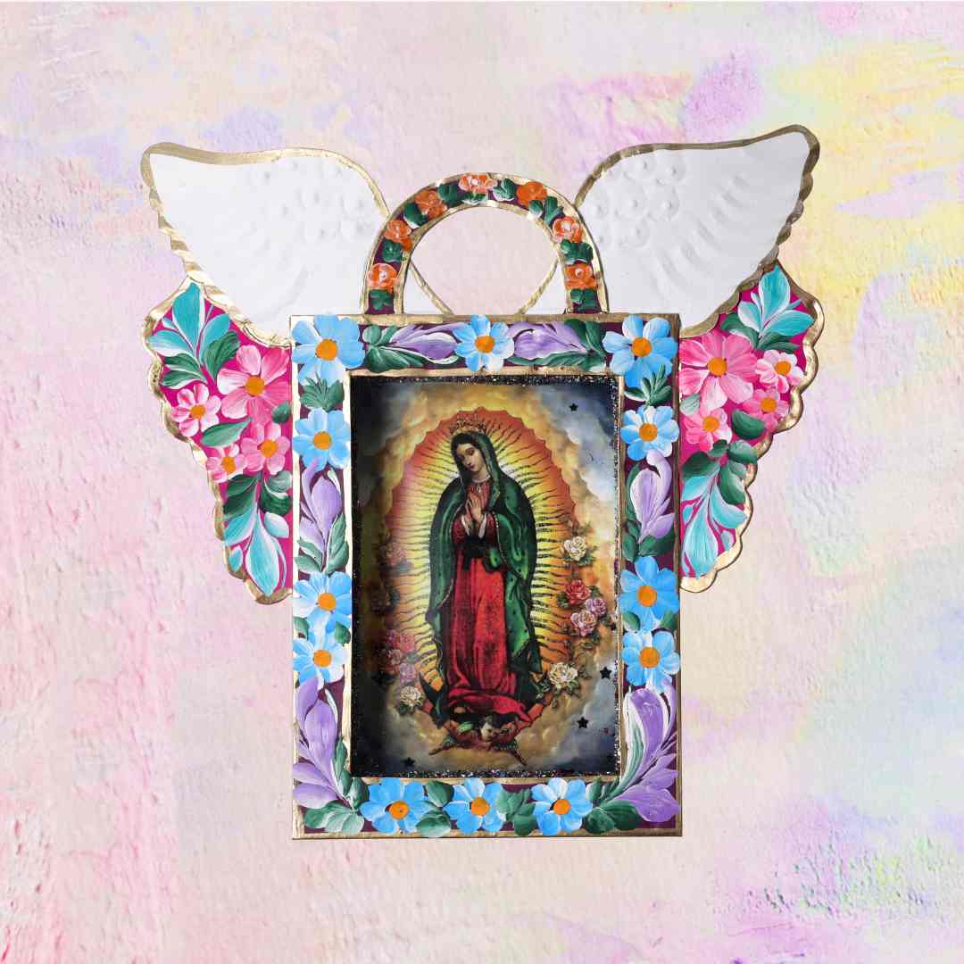 Maxi Mexican handgemaakte Virgin of Guadalupe gevleugelde teakhout