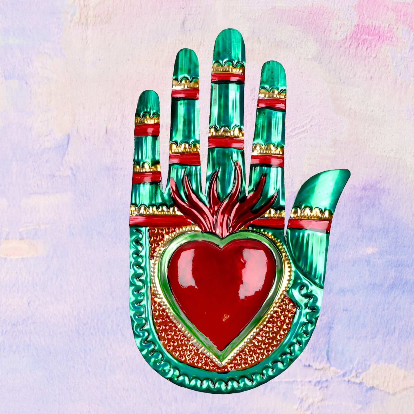 Ex Voto Mexicaanse handgemaakte hand met hart in bas-reliëf