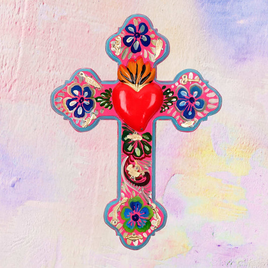 Mexicaans handgemaakt houten Folk Ex Voto kruis met hart
