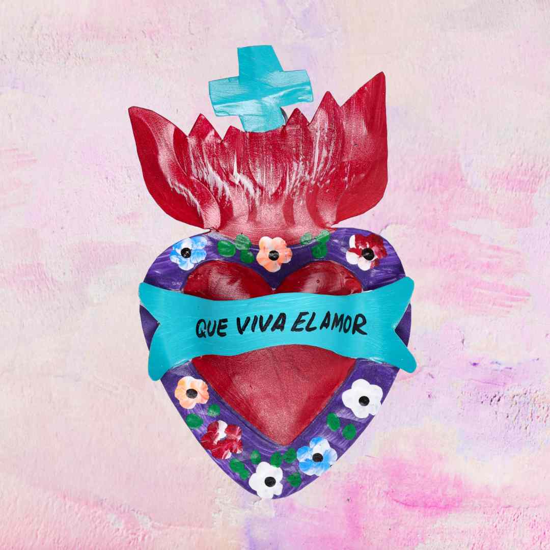 Hart in metaal Mexicaanse Ex Voto met liefdescitaat