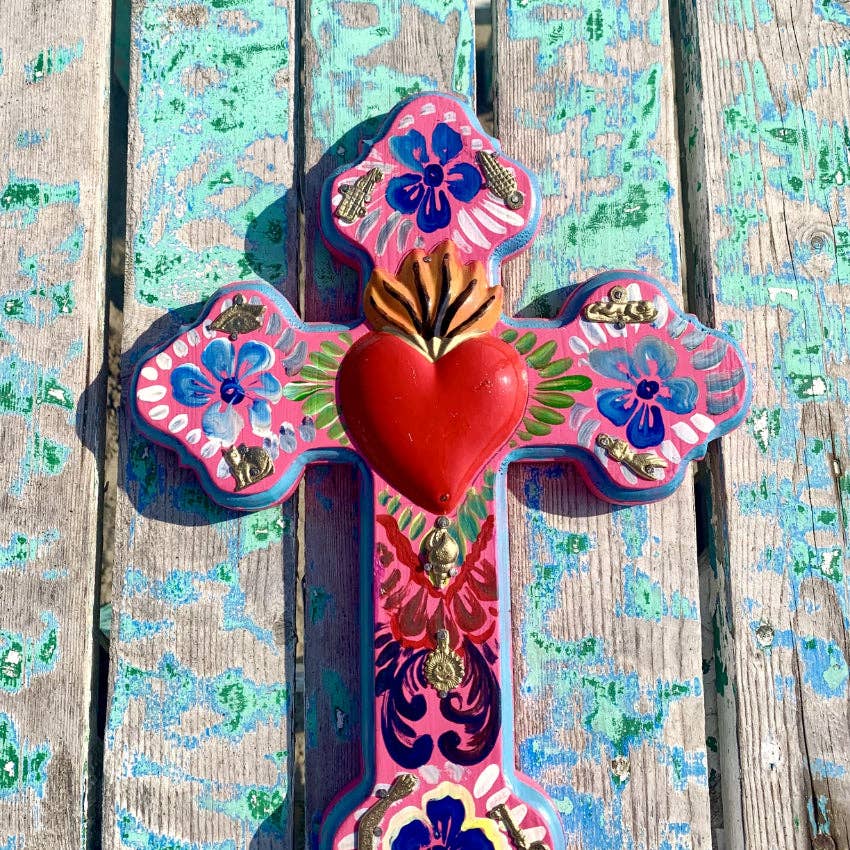 Mexicaans handgemaakt houten Folk Ex Voto kruis met hart
