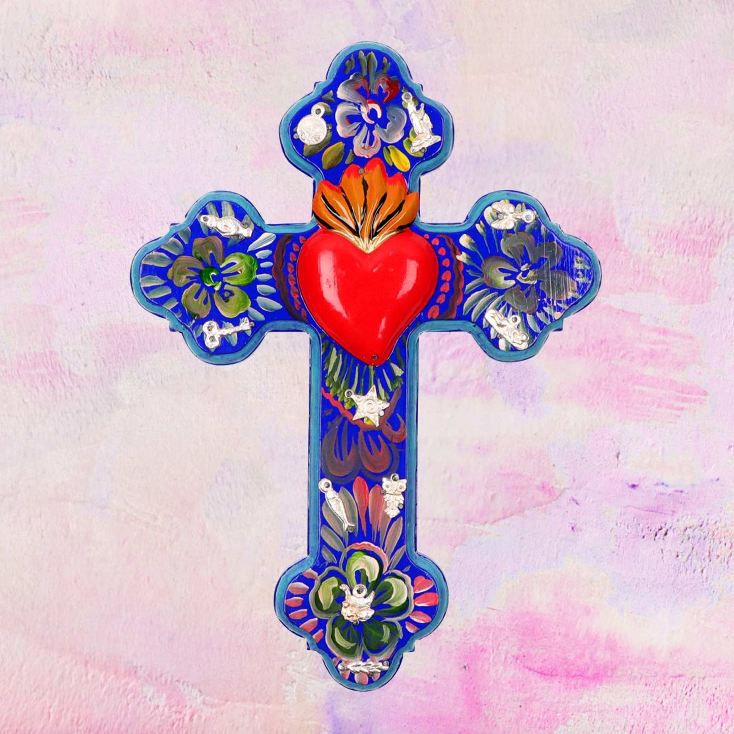 Mexicaans handgemaakt houten Folk Ex Voto kruis met hart